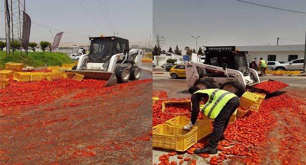 باجة.. انقلاب شاحنة محملة بالطماطم بمفترق المعقولة